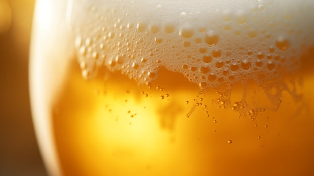 close up of frothy golden beer in glass photo