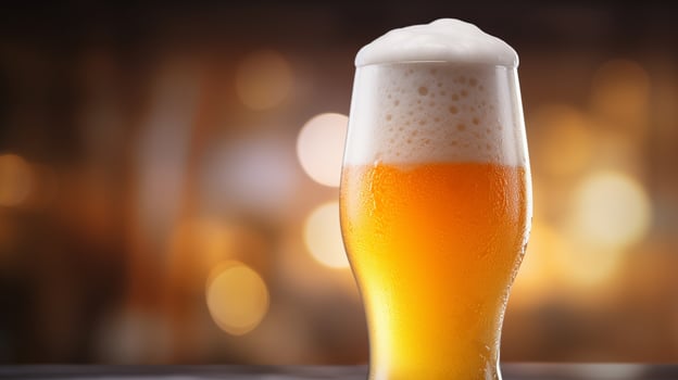 close up of frothy golden beer in glass photo
