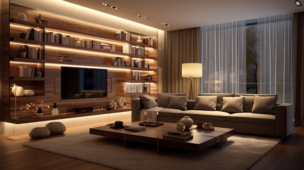 comfortable modern living room with elegant lighting photo