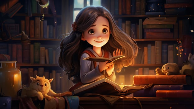 cute girl reading literature on library shelf photo