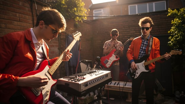 dirty boys playing funky music at party photo