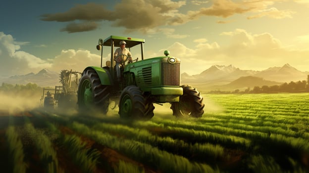 farm worker driving tractor spraying green meadow photo