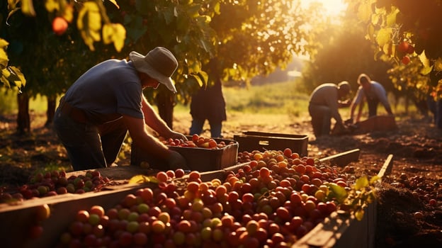 farmers harvesting fresh fruit in the autumn sunlight heat photo