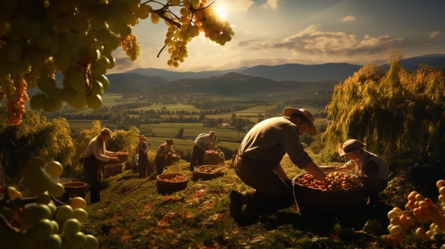 farmers harvesting fresh fruit in the autumn sunlight heat photo