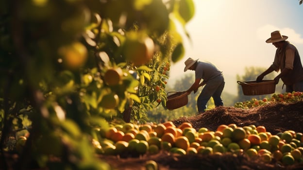farmers harvesting fresh fruit in the autumn sunlight heat photo