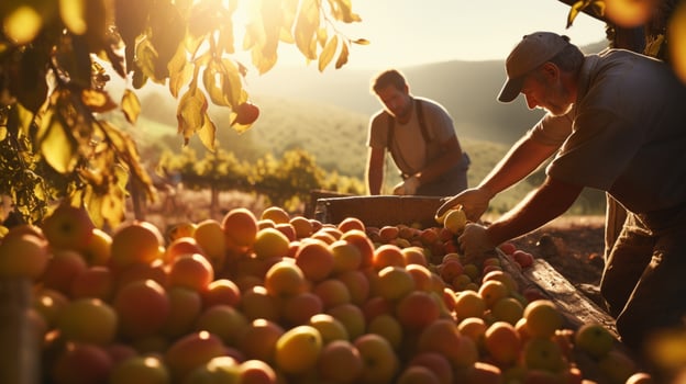 farmers harvesting fresh fruit in the autumn sunlight heat photo