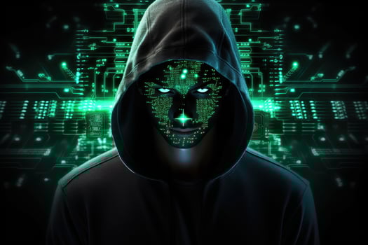 Hacker with mask and binary code on dark background 3D rendering, Hacker in hood and circuit board on Black background. Cyber attack concept, AI Generated photo