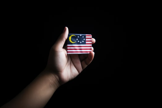 Hand holding a business card with the flag of the USA on black background, Hand holding Small Malaysia Flag, AI Generated photo