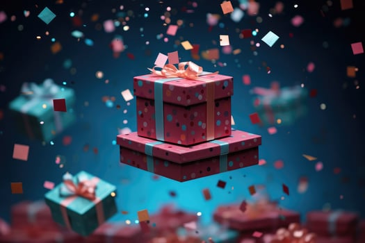 AI generated. Many pink gift boxes flying on festive blue background with confetti photo