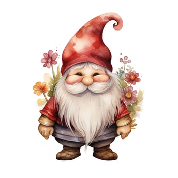 Watercolor garden gnome in a cap, cute illustration on a white background photo