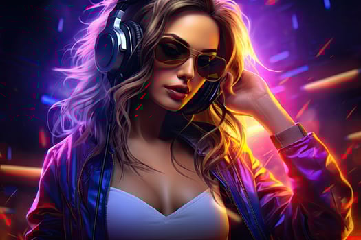 Portrait of a beautiful young woman DJ in headphones. Disco club, Hot girl DJ in neon lights. Poster of sexy TDJ at the night club party, AI Generated photo
