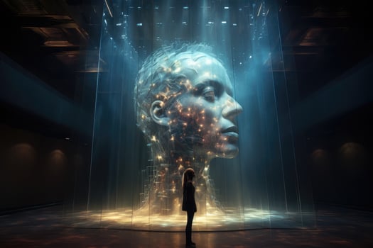 Woman looking at abstract digital hologram head. 3D Rendering, human kind, by Refik Anadol, AI Generated photo