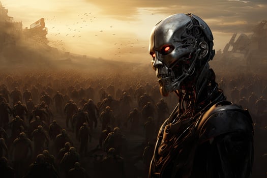 Fantasy scene with a robot against the backdrop of the city, Humanity's Last Stand, A masked human leader defiantly leads the final resistance against overwhelming AI robots, AI Generated photo