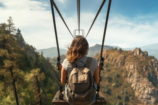 Young woman on a swing in the mountains. The girl is looking at the landscape, Hiker woman riding a trolley zipline on the mountain, rear view, no visible faces, AI Generated photo