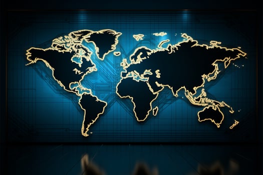 Abstract world map shines on textured blue LED wall backdrop AI Generated photo