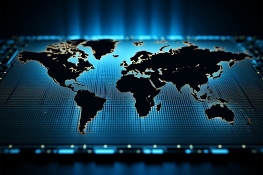Abstract world map shines on textured blue LED wall backdrop AI Generated photo