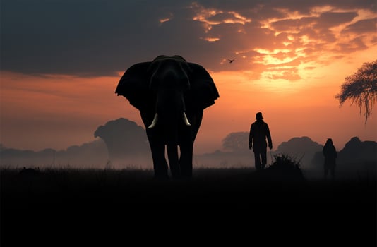 At sunrise, a mahout and elephant create a picturesque silhouette AI Generated photo