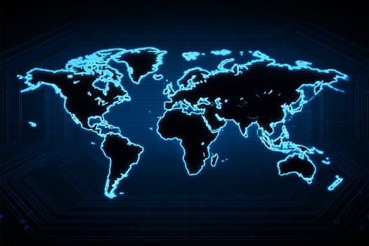 Blue LED wall texture featuring an abstract global map display AI Generated photo