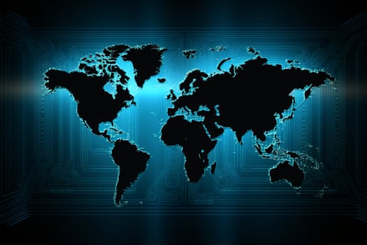 Blue LED wall texture featuring an abstract global map display AI Generated photo