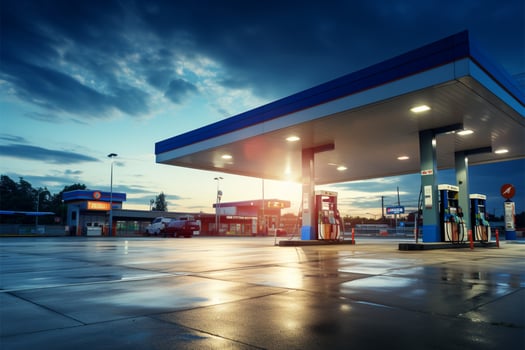 Blue sky with fluffy clouds over a petrol gas fuel station AI Generated photo