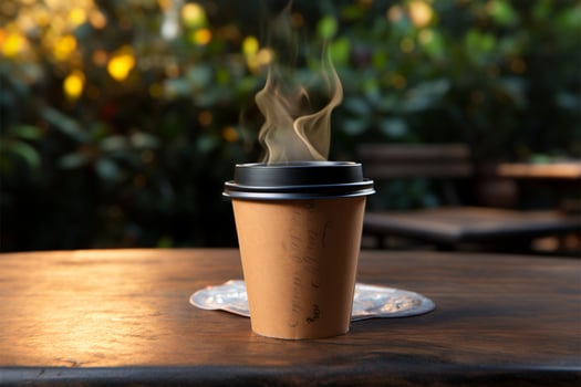 A cup of hot coffee, cozily resting on a wooden table AI Generated photo