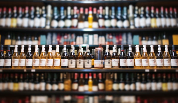 Blurred wine bottles on store shelves, setting a captivating backdrop AI Generated photo