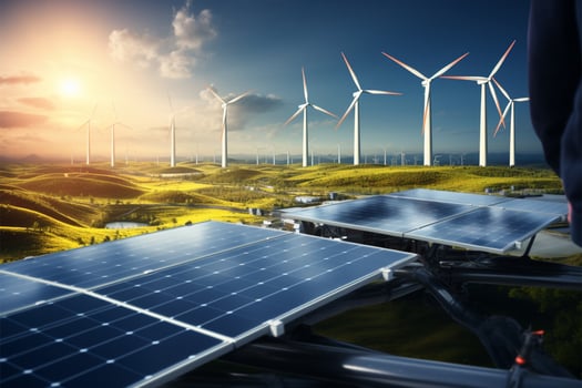 Engineer with hard hat inspects wind and solar power station AI Generated photo