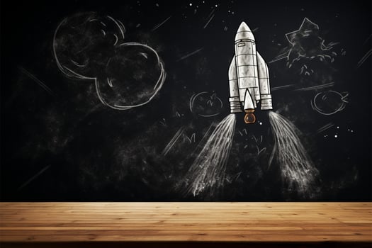 Grunge chalkboard with chalk drawn rocket, ideal for educational product showcases AI Generated photo