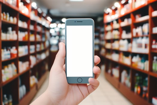 Hand holding blank screen smartphone above pharmacy store medicine shelves AI Generated photo