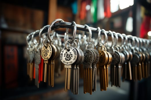 Locksmith shop detail Close up on hanging a new key AI Generated photo