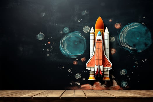 Retro rocket chalk drawing on grunge chalkboard table for educational displays AI Generated photo