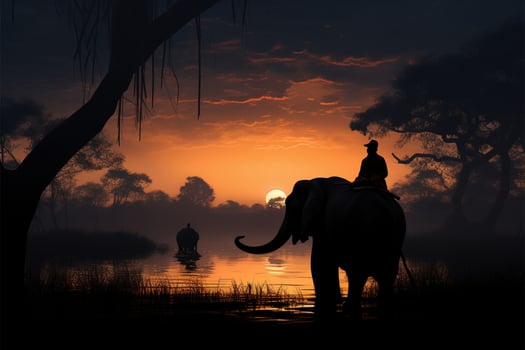 Silhouette of a mahout riding an elephant beneath a tree, pre dawn AI Generated photo