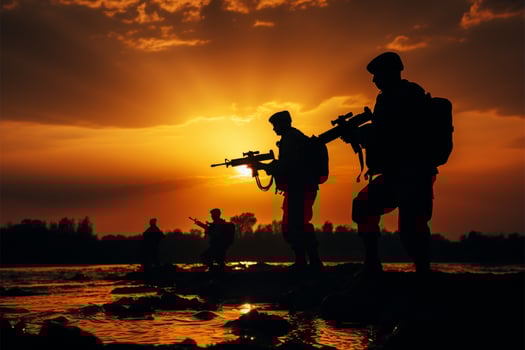 Silhouettes of armed soldiers or officers at sunset, ready for duty AI Generated photo
