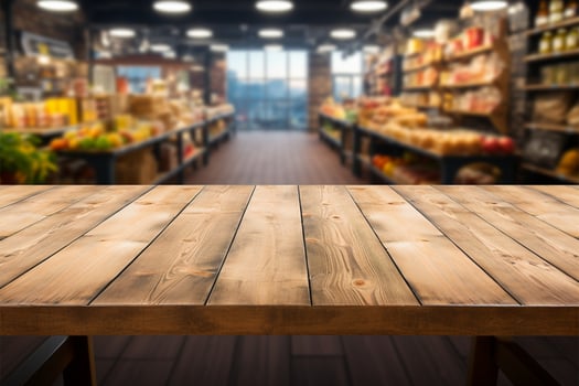 Wooden table, supermarket backdrop, perfect for showcasing product displays AI Generated photo