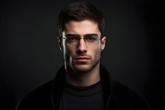 Photo of man at the dark background in specs minimalism. High-resolution. AI Generative