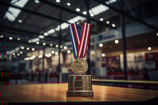 The winner's award in the form of medal on wooden table. Generated by artificial intelligence photo