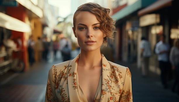 A confident young woman, outdoors, looking at camera with elegance generated by AI photo