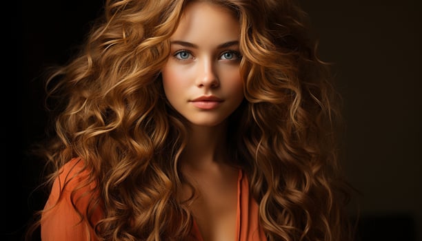 Beautiful woman with long curly hair, looking at camera confidently generated by AI photo
