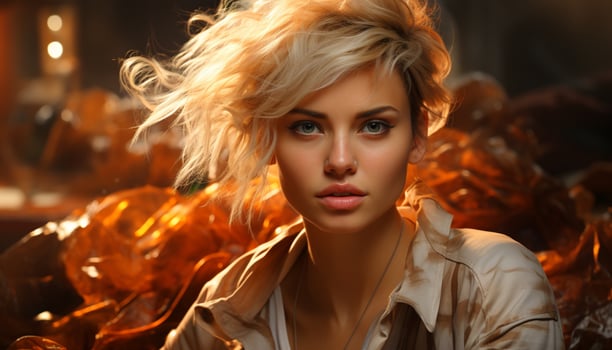 A beautiful young woman with blond hair looking at camera generated by AI photo