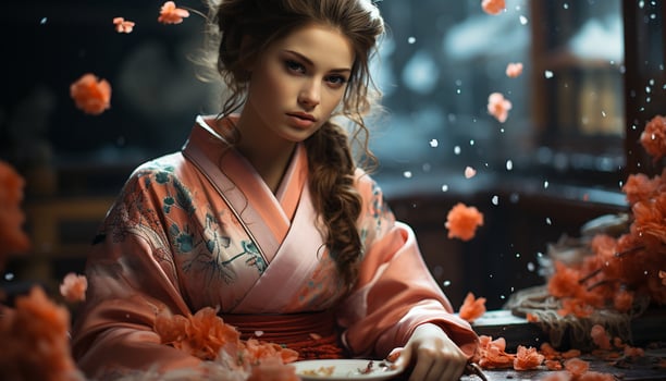 A beautiful young woman sitting indoors, smiling, looking at camera generated by AI photo