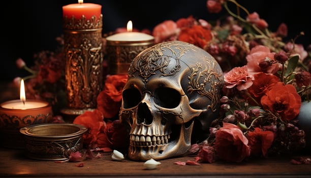Spooky Halloween decoration candle, skull, flower, dark, still life generated by AI photo