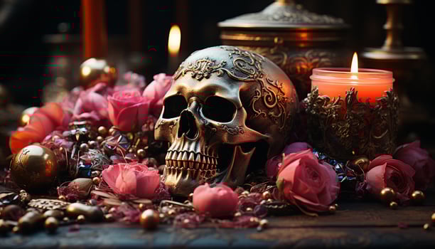 Spooky Halloween table decoration candle, pumpkin, spider, ghost, skull generated by AI photo
