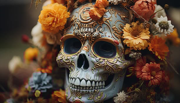 Spooky Halloween decoration death, skulls, pumpkins, and autumn leaves generated by AI photo