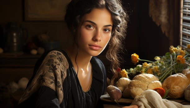 Young woman smiling, looking at camera, holding vegetable, cooking in kitchen generated by AI photo