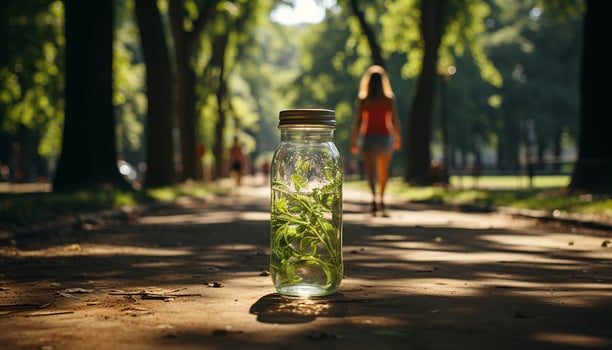 A woman drinks fresh green juice in the outdoors generated by AI photo