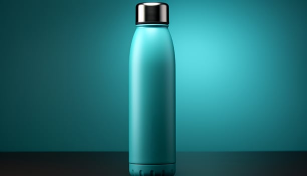 A clean, blue plastic bottle holds refreshing liquid generated by AI photo