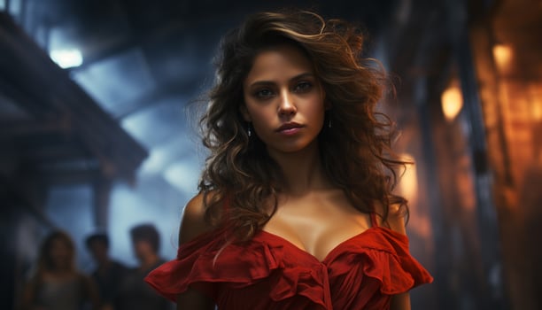 Young woman with long brown hair, standing outdoors, looking at camera generated by AI photo
