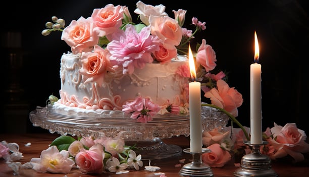 Romantic wedding celebration with elegant flower bouquet and candlelight generated by AI photo