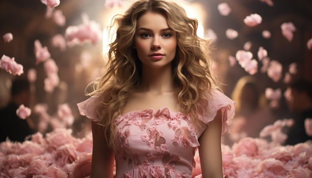 A beautiful young woman in a pink dress, smiling outdoors generated by AI photo