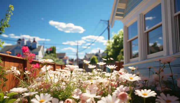Idyllic summer meadow, green grass, blue sky, yellow daisies generated by AI photo